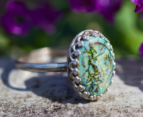 Monarch Opal Ring Solid Sterling Silver Ring* Green Yellow