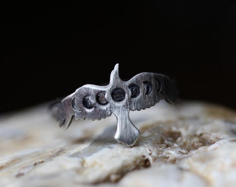 Raven Ring* Moon Phase * Solid Sterling Silver *  Full Moon Floral Band * Any Size