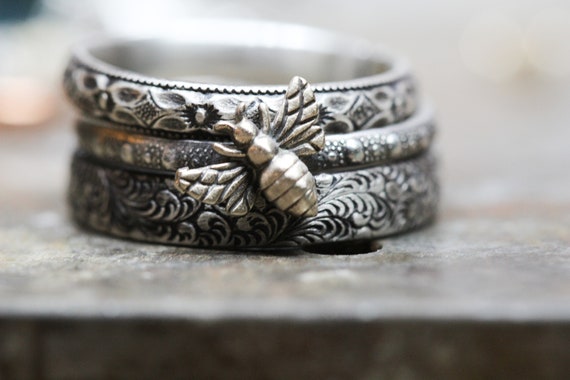 Honey Bee Ring Set * Sterling Silver Stacker Band *  Patterned Stacking Rings