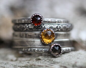 Autumn LEAVES Stacking 5 Ring 3 Stone Set with FiRe and GoLd CITRINEs and SmoKey QuartZand solid STERLING silver in ANY Size