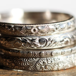 Antiqued Sterling Silver Stacking Rings Set - Floral Pattern