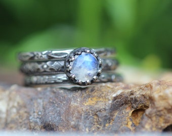 Moonstone Ring * Solid Sterling Silver * Rainbow Moonstone * Set of 3 * Any Size
