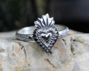 Flaming Heart Ring *Sterling Silver Milagro * Sacred Heart Ring* Sagrado Corazon * Stacking Silver Ring *Sterling Silver* Any Size