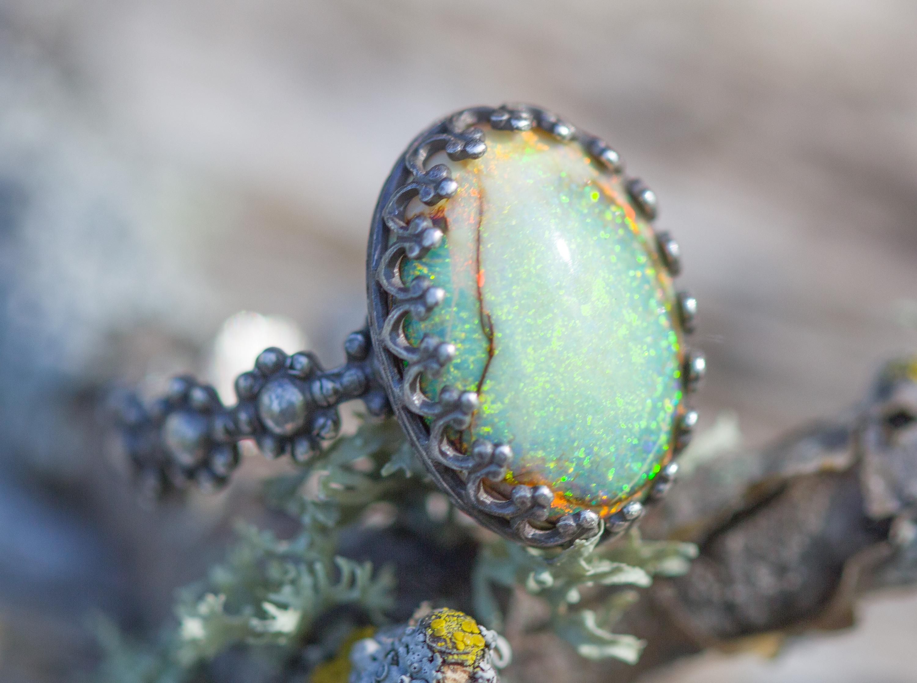 Monarch Opal Ring Solid Sterling Silver Ring* Spring Green