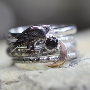 May include: A silver ring set with a black stone and a crescent moon charm, featuring a detailed raven design.