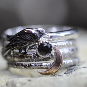 RAVEN Ring *STacking Set of 3* SOLID Sterling SILVER * Black Moonstone Or Black Onyx *Any Size