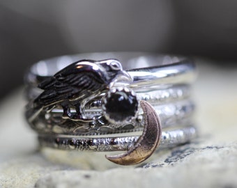 Raven Ring Set* Solid Sterling Silver *  Moonstone, Crescent Moon* Any Size