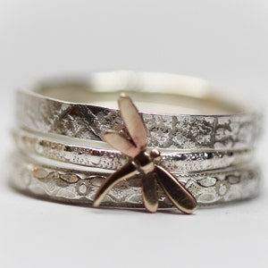 Dragonfly Ring Set of THREE * Spirit Messenger* stacking ring set  * solid sterling silver *Leaf Dots Floral Patterns * Any size