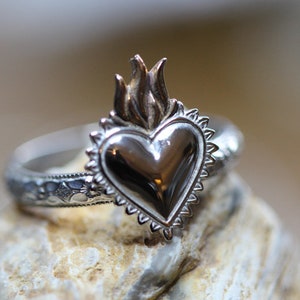 Flaming Heart Ring *Sterling Silver Milagro * Sacred Heart Ring* Sagrado Corazon * Stacking Silver Ring*Sterling Silver and Bronze* Any Size