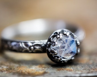 Rainbow Moonstone Ring* Solid Sterling Silver* Faceted Stone * Full Moon Ring