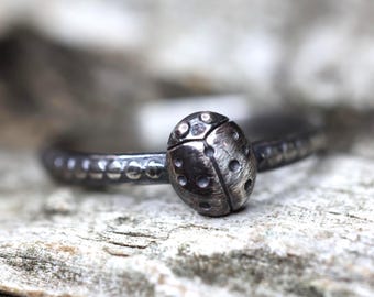 Könnte beinhalten: Ein silberner Ring mit einer strukturierten Band und einem Marienkäfer-Design. Der Marienkäfer ist mit Punkten verziert und hat eine strukturierte Oberfläche.