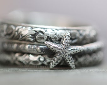 tiny STARFISH  Set of THREE  Beach Rings stacking ring set Floral*Dots*Vines Patterned Bands  Any size Set of 3