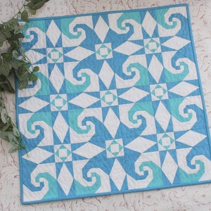 Puede incluir: Una colcha azul y blanca con un patrón geométrico de formas en espiral. La colcha está hecha de tela de algodón y tiene una textura suave y acolchada.