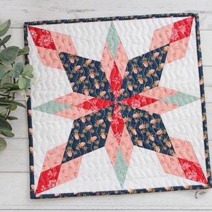 May include: A quilted star-shaped wall hanging with a navy blue, red, and pink floral pattern. The star is surrounded by a white background and a navy blue border.