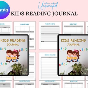May include: A Kids Reading Journal with a colourful design. The journal features a cartoon illustration of two children reading, with the text "KIDS READING JOURNAL" and the Canva logo. The journal includes pages for reading logs, favourite books, and more.