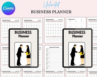 Könnte beinhalten: Ein digitaler Businessplaner mit monatlichen und jährlichen Planungsseiten sowie einem Passwort-Tracker. Der Planer zeigt den Text "Unlimited BUSINESS PLANNER" und das Canva-Logo. Das Cover-Design enthält eine Grafik von zwei Personen, die sich die Hände schütteln.