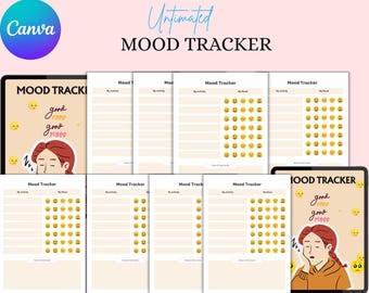 May include: A digital mood tracker with a light beige background. The tracker includes sections for activity and mood, using emoji faces. The design features the text "Untimated MOOD TRACKER" and the Canva logo. The cover art includes the text "good food good mood".