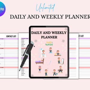 May include: A digital daily and weekly planner displayed on a tablet, with contact list pages. The planner features illustrations of daily activities and the text "Stay healthy". A black pen rests on the tablet. The background is light pink.