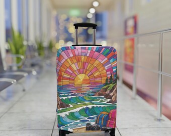 Tropical Beach Luggage Cover: Palm Tree Sunset Design