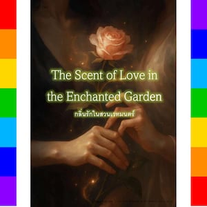 May include: An artistic image features a soft pink rose held by hands, with the text "The Scent of Love in the Enchanted Garden" in green. The image has a dark, ethereal quality, with a rainbow-colored border on the left and right sides.