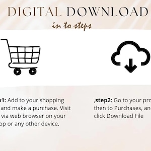 Pode incluir: Imagem com instru&ccedil;&otilde;es para baixar um produto digital. Apresenta um carrinho de compras e uma nuvem com uma seta para baixo. Texto: "DIGITAL DOWNLOAD in to steps." Passo 1: Adicionar ao carrinho. Passo 2: Ir para Compras e baixar.