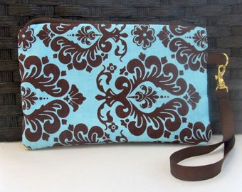 Wristlet, wallet, clutch, Damask print wristlet, gadget bag