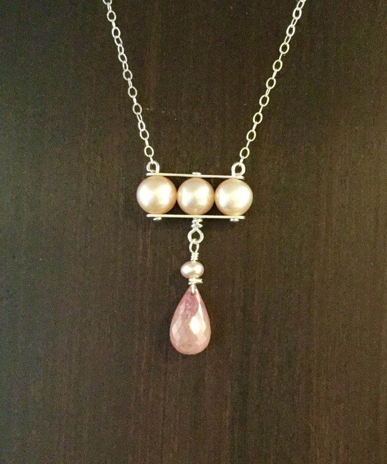 Sterling Silver Pendant with Freshwater Pearls and Faceted Pink Sapphire drop image 1