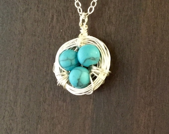 Bird's Nest Mother's Necklace, Silver nest with dyed Howlite Eggs, Birthstone Necklace, Custom Necklace