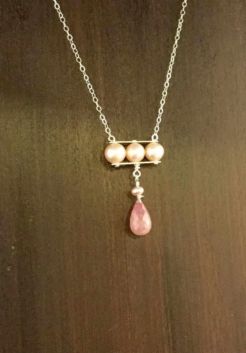 Sterling Silver Pendant with Freshwater Pearls and Faceted Pink Sapphire drop image 2