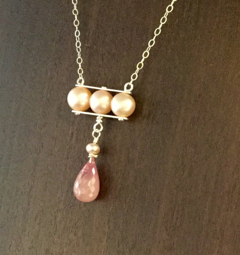 Sterling Silver Pendant with Freshwater Pearls and Faceted Pink Sapphire drop image 3