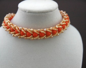 Orange Coral Swarovski Pearls and Ivory Delicas Flat Spiral Bracelet