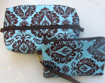 Gift Set, Wristlet and Make-up bag, cosmetic bag, clutch, Damask print make-up bag, Damask print Wristlet