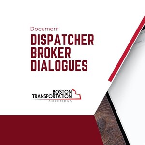 May include: A white document with the title "Dispatcher Broker Dialogues" in red text. The document is on a laptop computer screen. The laptop is on a wooden surface. The document is from Boston Transportation Solutions.