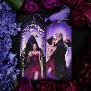 May include: Two purple bookmarks with illustrations and a tassel. One bookmark features a woman in a red dress with the word "BELLADONNA". The other shows a couple dancing. The bookmarks are surrounded by purple flowers.