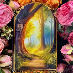 Pu&ograve; includere: Un'opera d'arte incorniciata raffigurante un sentiero nella foresta illuminato dal sole. Il dipinto presenta alberi alti, un sentiero tortuoso e un manifesto 'Wanted' su un albero. La cornice ha un bordo dorato e l'immagine &egrave; circondata da rose rosa e arancioni.