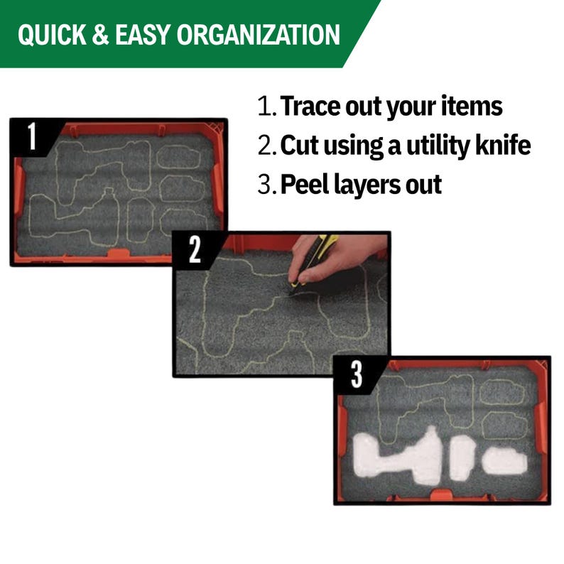 May include: A three-step instructional graphic for foam tool organisation. Step 1 shows tool outlines on grey foam. Step 2 shows a utility knife cutting the foam. Step 3 shows the foam with cutouts removed. Text reads: QUICK & EASY ORGANISATION.