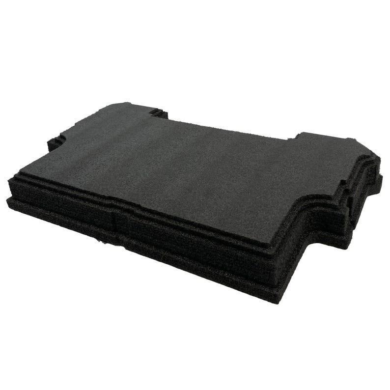 May include: A rectangular black foam insert with a textured surface and precision-cut edges. The foam piece features a stepped design with notched corners and indented sides, providing a structured shape for protective storage or organisational purposes.