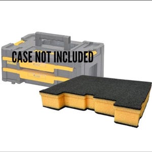 May include: A black and yellow foam insert for a tool case. The insert is designed to fit specific tools, with cutouts visible in the yellow foam. The text "CASE NOT INCLUDED" is displayed in black.
