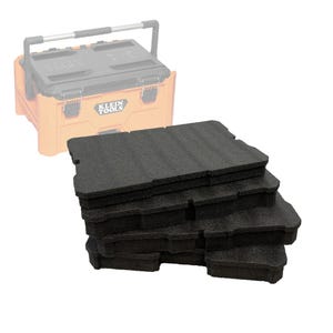 May include: A stack of four rectangular black foam inserts with notched edges, positioned in front of an orange and black Klein Tools plastic toolbox featuring a silver handle and two metal latches on the front lid.