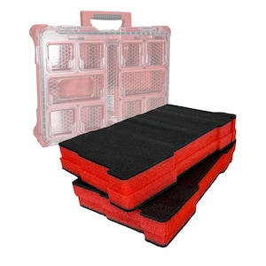 May include: A red and clear plastic tool organiser with a handle and multiple compartments. In front of the organiser are three black and red foam inserts, designed to protect tools and equipment during transport.