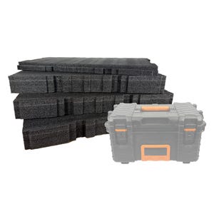 May include: A black toolbox with orange accents and a stack of black foam inserts. The toolbox has a handle and latches. The foam inserts are rectangular and have cut-out sections.