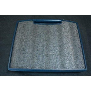 May include: A rectangular dark blue plastic frame containing a textured grey foam insert. The frame features a moulded handle cutout along the top edge, providing a secure grip for the flat, dense, and porous grey material held within the border.