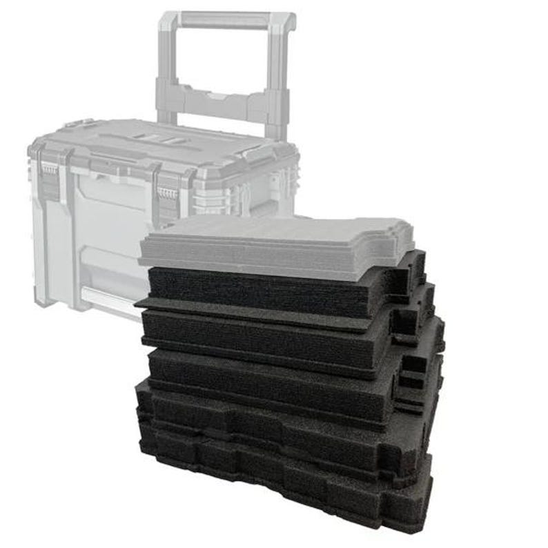 May include: A light grey rolling tool box with a retractable handle and a stack of rectangular foam inserts. The stack consists of one light grey foam layer positioned on top of five identical black foam layers, each with moulded cutouts.