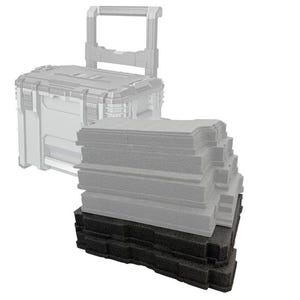 May include: A light grey rolling tool box with a retractable handle and latches, accompanied by a stack of rectangular foam inserts. The stack consists of several light grey foam layers positioned above two solid black foam base layers.
