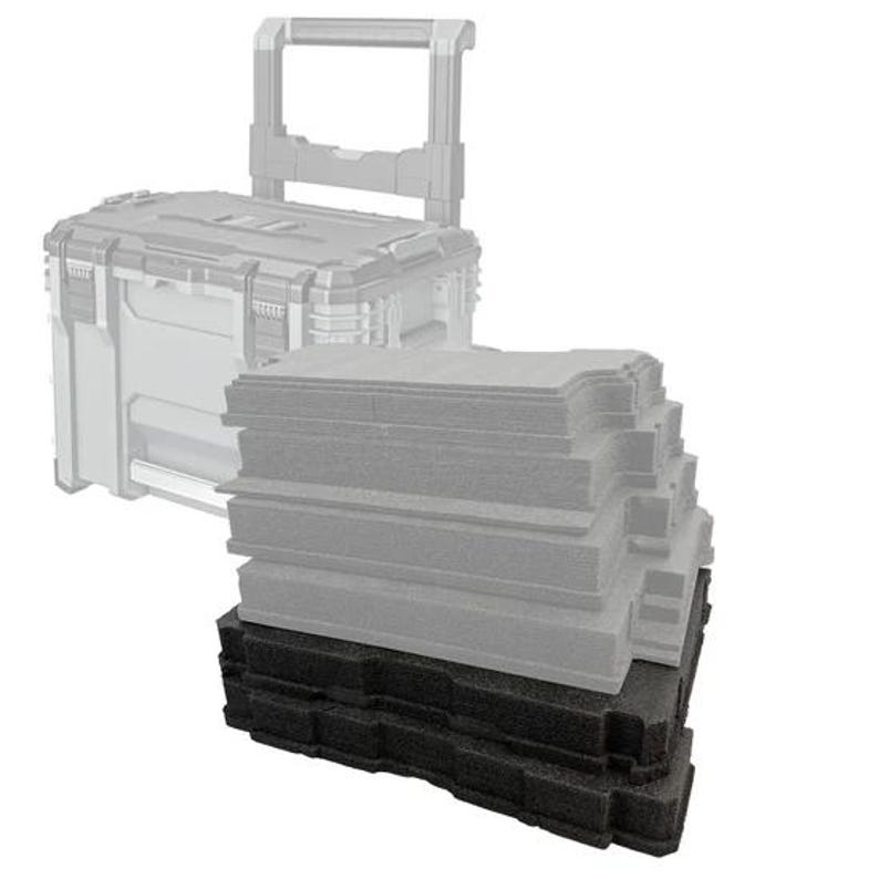 May include: A light grey rolling tool box with a retractable handle and latches, accompanied by a stack of rectangular foam inserts. The stack consists of several light grey foam layers positioned above two solid black foam base layers.