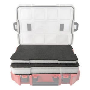 May include: A red and clear plastic tool case with a black foam insert. The case is open, revealing the interior and the foam padding. The case has a black handle and latches.