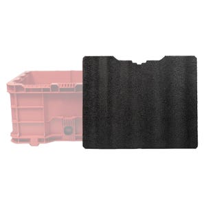 May include: A black, textured foam insert with a notched top edge, designed to fit inside a storage container. The insert is rectangular and appears to be made of a durable material, likely for protecting items.