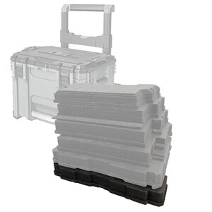 May include: A light grey rolling tool box with a retractable handle and a stack of rectangular foam inserts in front. The foam stack consists of five light grey layers and one solid black base layer, all featuring custom-cut interior shapes.