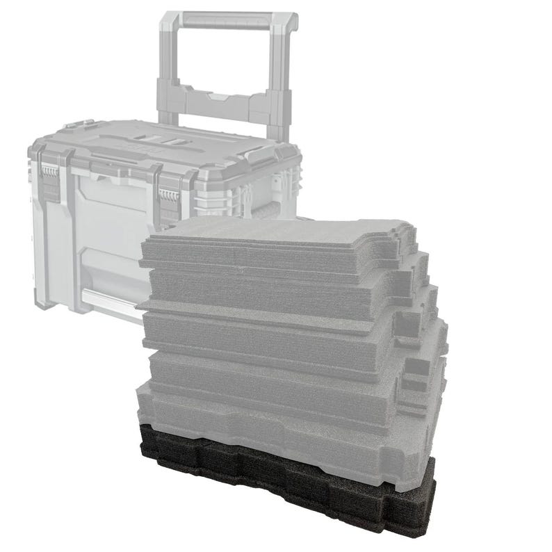 May include: A light grey rolling tool box with a retractable handle and a stack of rectangular foam inserts in front. The foam stack consists of five light grey layers and one solid black base layer, all featuring custom-cut interior shapes.