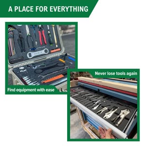 May include: A tan hard-shell tool case and a blue metal tool chest drawer, both featuring custom-cut black foam inserts organised with various hand tools. The text A PLACE FOR EVERYTHING, Find equipment with ease, and Never lose tools again is visible.